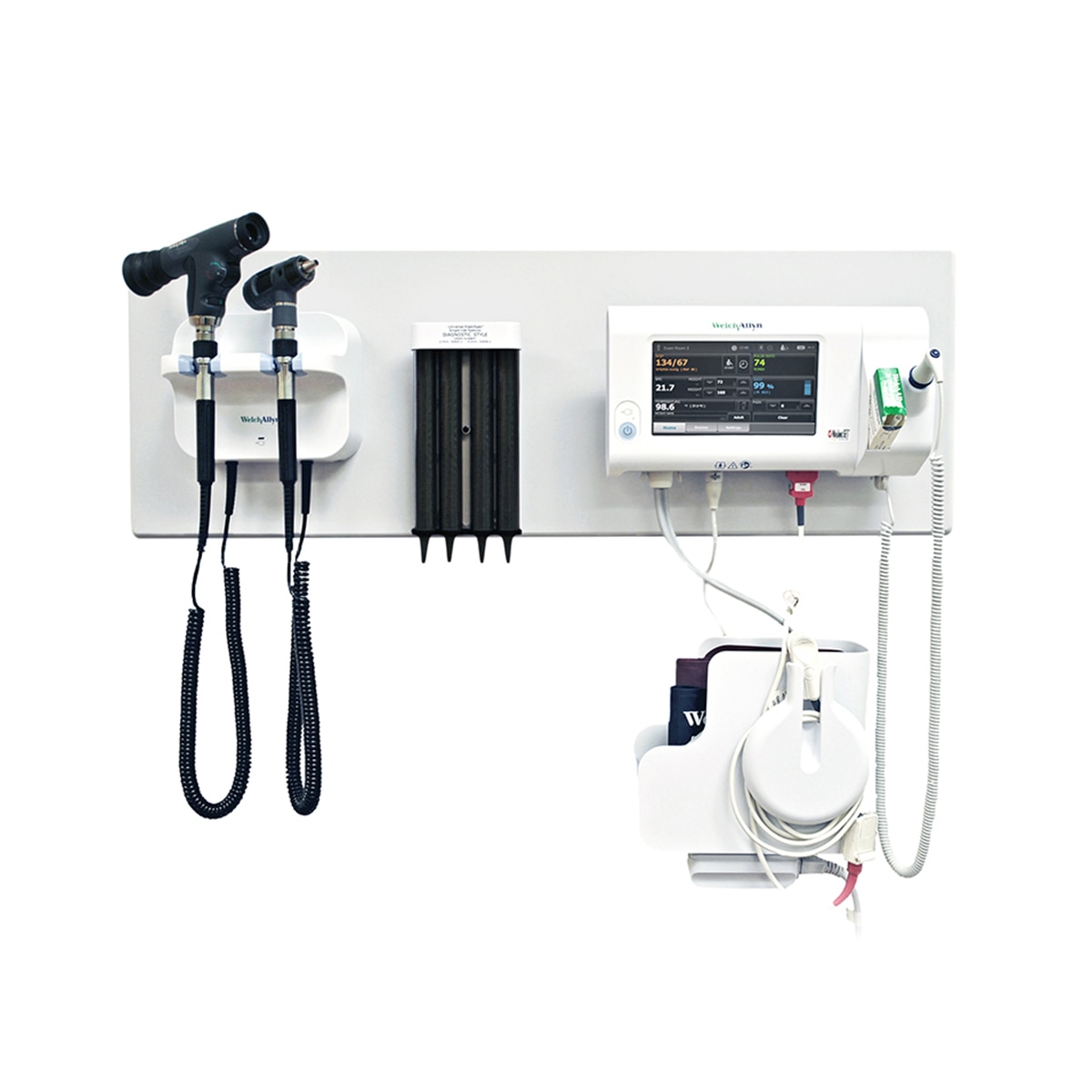 777 geïntegreerd wandsysteem met otoscoop, PanOptic-oftalmoscoop, sondehoesjes en Connex Spot-monitor voor vitale functies